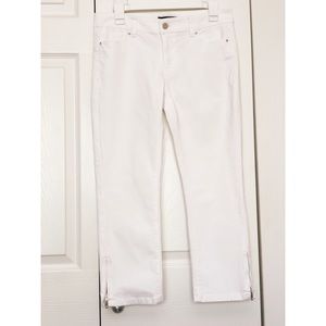 WHBM White Blanc Slim Crop Jeans with Rhinestone Studs and Zipper Bottoms
